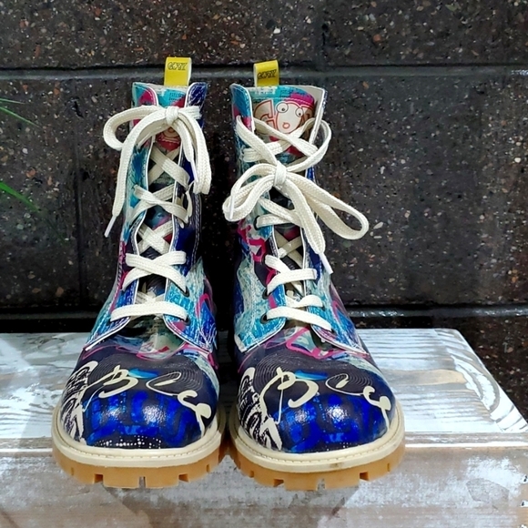 WOMENS GOBY COMBAT LONG BOOTS WITH COLORFUL PRINT SIZE 41 ART DECO  LOUD - Picture 4 of 9